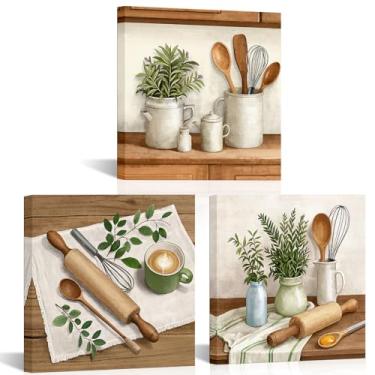 Imagem de OuElegent Conjunto de arte de parede Farmhouse Kitchen, impressões em tela de 3 peças com utensílios de cozinha vintage rústicos, decoração botânica para casa e sala de jantar