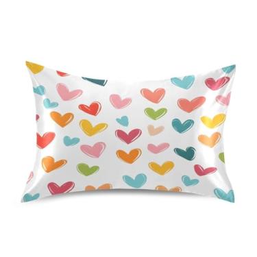 Imagem de Wassud Fronha de cetim com corações coloridos para cabelo e pele, fronhas de seda lisa, king size, respirável, com fecho de envelope