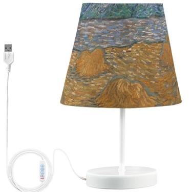 Imagem de TSENQUE Candeeiro de mesa lateral personalizado com estampa de animal bonito USB luz de cabeceira LED regulável lâmpada noturna quente para quarto de crianças Vincent Vangogh campo de trigo