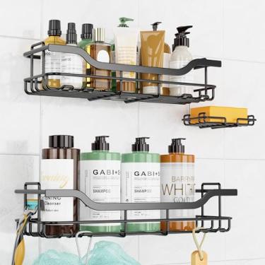 Imagem de OMAIRA Pacote com 3 suportes de chuveiro com suporte de sabonete, adesivo à prova de ferrugem, sem perfuração, carregamento interno, organizador de chuveiro, prateleiras de armazenamento, organização