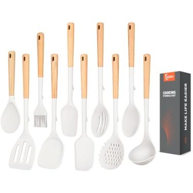 Imagem de Conjunto de 10 utensílios de cozinha de silicone com cabo de madeira, sem arranhões para panelas antiaderentes, colher e espátula com fenda, colher e espátula sólidas, concha de medição grande, escova