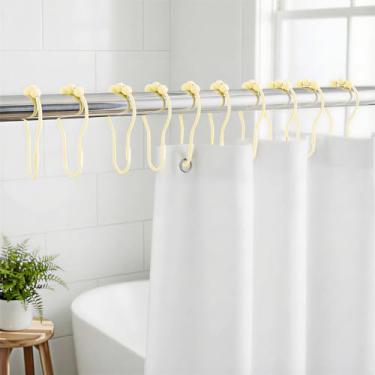 Imagem de 12 anéis de ganchos de cortina de chuveiro, ganchos de chuveiro de metal à prova de ferrugem para varões de banheiro, resistente, design de bola - amarelo claro