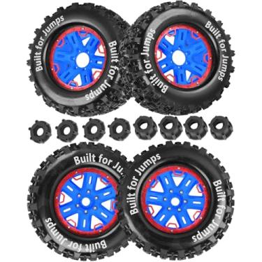 Imagem de hopsupRC RC Truck Tires 1/8 1/10 17mm Hex RC Wheel Tires for 1/10 E-Revo T-Maxx Summit Kraton Outcast Monster Truck,Hard Plastic Rubber Tyres RC Truck Tires,RC Monster Truck Car Wheels,Red with Blue