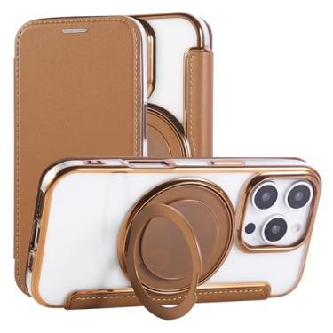 Imagem de Capa carteira para iPhone 16 Pro com 3 compartimentos para cartão, bloqueio RFID, suporte de anel giratório de 360° e compatibilidade magnética, capa traseira transparente à prova de choque, suporta