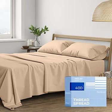 Imagem de THREAD SPREAD Conjunto de lençóis Queen 100% algodão – 400 fios Queen Size (4 peças, cacau acinzentado), bolso profundo de 40,6 cm em toda a volta, elástico, macio, refrescante, durável e respirável