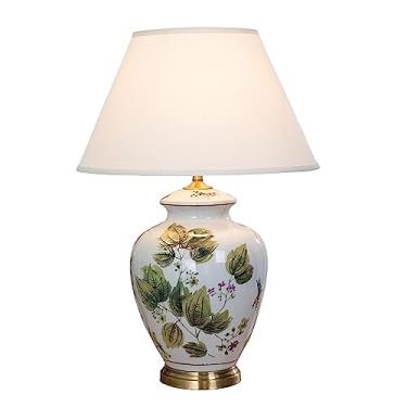 Imagem de Abajur de mesa retrô de cerâmica Jingdezhen para sala de estar, quarto, luminária de mesa decorativa minimalista, luminária de cabeceira chinesa com cúpula de tecido.