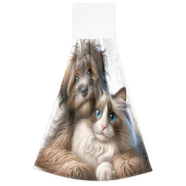 Imagem de Joisal Toalhas de mão de cozinha com laço para pendurar Terrier cachorro Ragdoll gato bonito conjunto de 2 toalhas de gravata de forno, essenciais de cozinha decorativos macios e absorventes, 46 x 35