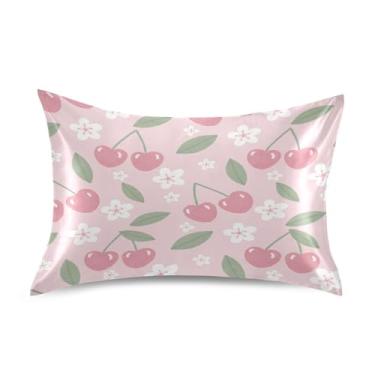 Imagem de Blueangle Fronha de cetim refrescante para cabelo e pele, capa de travesseiro cerejas rosa dos namorados, tamanho Queen 50,8 x 76,2 cm com fecho de envelope (803)