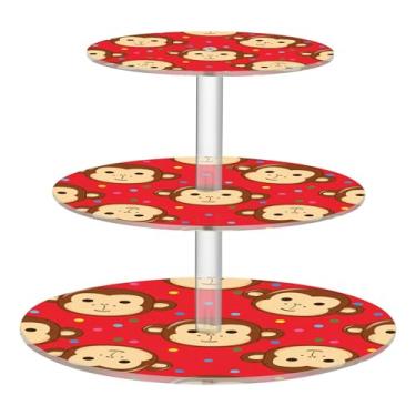 Imagem de Lindo macaco com bolinhas vermelhas, 3 camadas, suporte de cupcake para chá para festa de chá, copo de acrílico, torre de bolo, mesa, suporte de sobremesa, decoração de festa de chá de plástico para