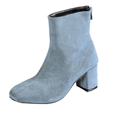 Imagem de Bota feminina de inverno casual plus size confortável bico quadrado curto zíper traseiro salto médio camurça, Azul royal, 36