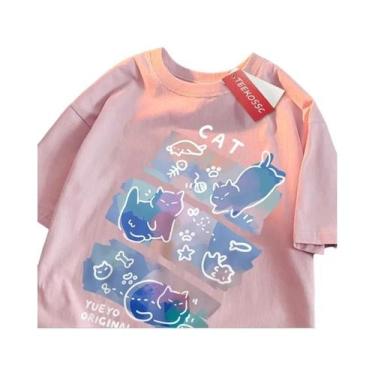 Imagem de Camiseta De Algodão Estilo Japonês Com Estampa Divertida De Gato Para 