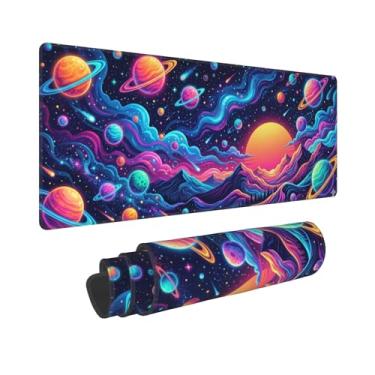 Imagem de DingRound Mouse pad estendido para jogos (70 x 30 cm) - Mouse pad grande antiderrapante para esportes e laptop - base de borracha impermeável com bordas costuradas (Neon Cosmos)