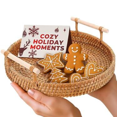 Imagem de Bandeja de vime redonda de 22 cm – Cesta de servir tecida com alças – Bandeja decorativa para mesa de café, pão, frutas, legumes, restaurante e uso doméstico