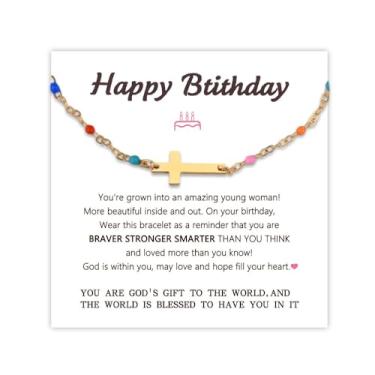 Imagem de MXXGMYJ Presentes de feliz aniversário, pulseira cruzada para mulheres, presente de aniversário religioso cristão 16 18, presente de aniversário de 21 anos para sua filha, irmã, Small, Zinco, Sem