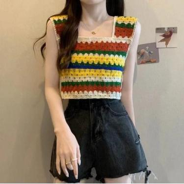 Imagem de Top Cropped Sem Mangas De Crochê Arco-Íris Para Mulheres, Decote Quadr