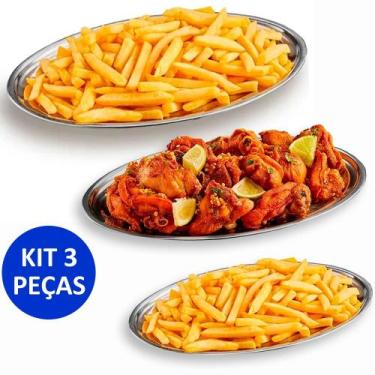 Imagem de Kit 3 Travessa Oval Bandeja Rasa Inox 21 à 30 Cm Porção Bar Cozinha - 