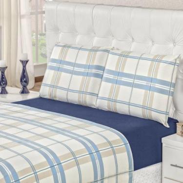 Imagem de Jogo de Lençol Padrão em Malha 100% Algodão 4 Peças - Xadrez Azul - To