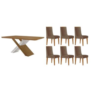 Imagem de Sala Jantar Mesa Imperatriz Tampo Curvo 180cm+6 Cadeiras Dakota Madeira Naturale/Off Wite - Capuccino/Corano Capuccino - Rufato