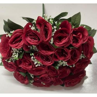 Imagem de Rosa Artificial Decorativa com 24 Flores – Buquê para Arranjos, Festas, Casamento e Decoração de Interiores(Vermelho Marsala,Unidade)