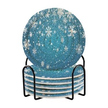 Imagem de Blueangle 6 peças de porta-copos de flocos de neve caindo para bebidas, porta-copos de tecido redondo super absorvente para mesa de café, proteção de mesa para decoração de casa (429)