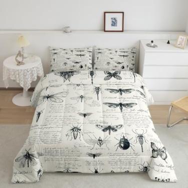 Imagem de Homewish Conjunto de cama casal com estampa de insetos, estampa de insetos e besouros, animais selvagens, para decoração de quarto de crianças, meninos, meninas, adultos, retrô, cinza, cáqui, 3 peças