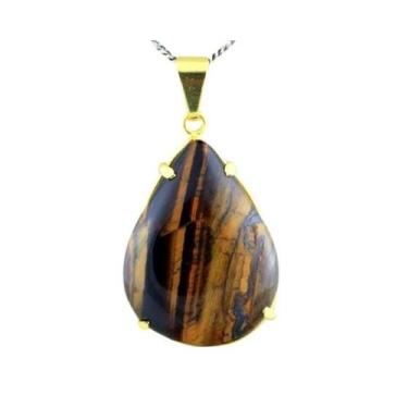 Imagem de Colar Extra Gota Pedra Olho de Tigre Montagem Garra Dourado - Cristais