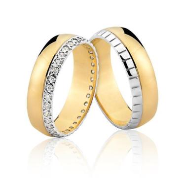 Imagem de Par Alianças 6mm Pedras Ouro Branco E Amarelo Puro 10k Al209 - MAEHLER