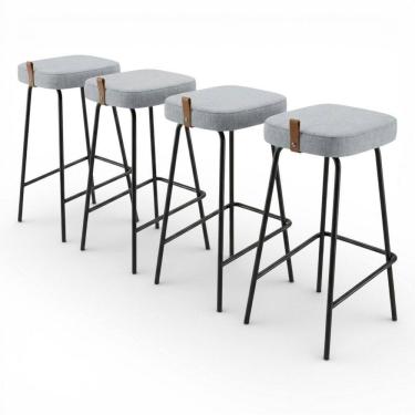 Imagem de Kit 04 Banquetas Altas Cozinha e Área Gourmet Vik Estofada Linho Cinza - Desk Design