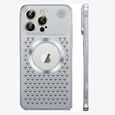 Imagem de HUHUCASE Adequada para capa de telefone iPhone, capa de aromaterapia, lente de malha de metal, etiqueta magnética de orvalho capa protetora com fivela de mola (prata, iPhone 15Pro)