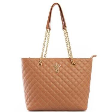 Imagem de Bolsa Feminina Leopoldine Caramelo em Couro Legítimo Matelassê Alça Corrente e Fecho em Zíper-Feminino