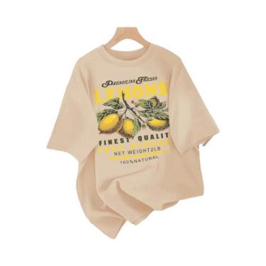 Imagem de Camiseta Feminina Solta De Algodão Com Estampa De Limão, Gola Redonda,
