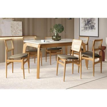 Imagem de Mesa Cozinha Petra Premium Madeira Maciça c/ Tampo Madeirado c/ Vidro 160x90cm e 6 Cadeiras Stela Carvalho/Off White - Boucle Bege Fendi-Kappesberg