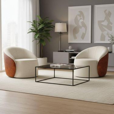 Imagem de Poltrona Sala Orgânica Kit 2 Lua Fixa Sintético Pu Nozes/linho D03 - D`rossi Cor Bege