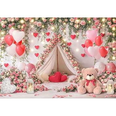 Imagem de ZTHMOE Tecido 2,4 x 1,8 m Tenda de Dia dos Namorados, cenário fotográfico, balões de coração, rosas rosas, luzes de fundo, meninas, casamento, chá de panela, decoração de festa