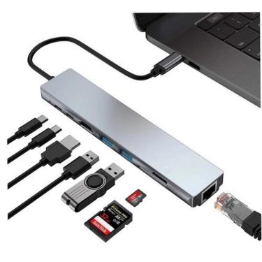 Imagem de Hub Dock Station Usb Type-C  10Gbps 8X1 Hdmi 4k Lan Usb 3.0 Leitor SD