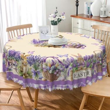 Imagem de Laeacco Toalha de mesa redonda Happy Easter de 137 cm, coelhinho da Páscoa, flores roxas, com bordas xadrez, lavável, resistente a rugas e manchas, para decoração de primavera, cozinha, jantar