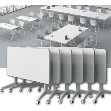 Imagem de Mesa compacta dobrável para computador – mesas de reunião móveis com rodas, pacote com 6 mesas de treinamento de conferência, 160 cm x 59,9 cm x 75 cm - Ideal para uso em escritório e casa