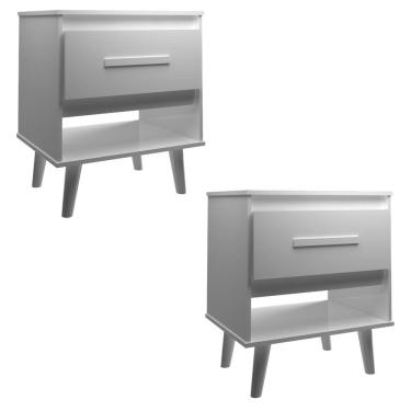 Imagem de Kit 2 Mesas de Cabeceira 1 Gaveta com Nicho e Pés Retro Estilo Moderno para Quarto Branco Mobília Decor