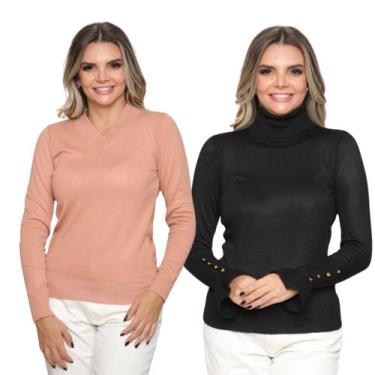Imagem de Kit 2 Blusas Feminina de Tricô Manga Longa Cacharrel Moda Casual Inver