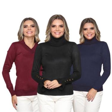 Imagem de Kit 3 Blusas Feminina de Tricot Manga Longa Tendência Frio 2024 - SP/C
