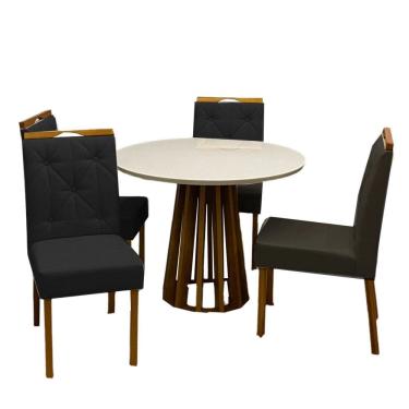 Imagem de Mesa de Jantar Berlim 100cm Redonda com Vidro e 4 Cadeiras Jasmim em Veludo Estofadas Cel Móveis Cor Cinamomo Off White com Tecido Preto