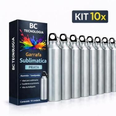 Imagem de Kit 10x Garrafa de Alumínio Prata com Tampa Mosquetão para Sublimação 