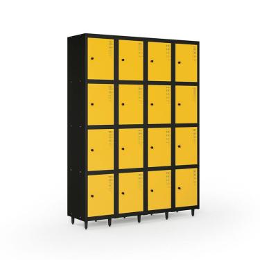 Imagem de Armário Roupeiro Locker Guarda-volume de Aço 16 Portas Pequenas com Fecho para Cadeado Vestiário Amarelo/Preto