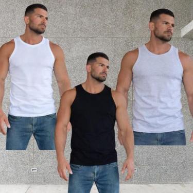 Imagem de Kit com 3 regatas masculinas estilo americana canelada casual treino p