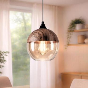 Imagem de Lustre Pendente 24cm Globo Vidro Âmbar Metal Madeira Luminária Teto Gi