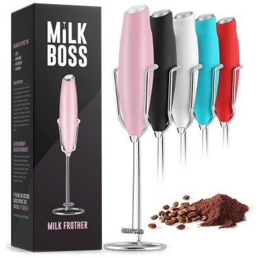 Imagem de Milk Boss Espumador Elétrico de Leite em Aço Inoxidável a Bateria com Suporte, Rosa