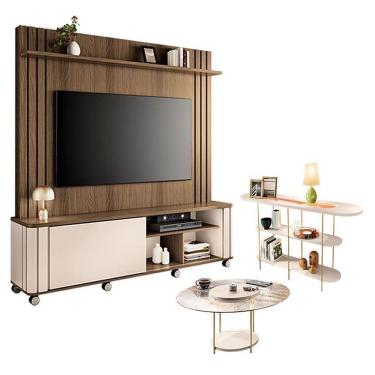 Imagem de Estante Home Theater Trinus Com Mesa De Centro Sky Com Tampo De Vidro E Aparador Infinity Castanho Off White - Hb Móveis