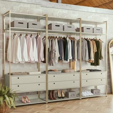 Imagem de Guarda-roupa Closet Modulado Casal 6 Gavetas 3 Cabideiros Estrutura Metálica 250cm Olivar Off White/Dourado