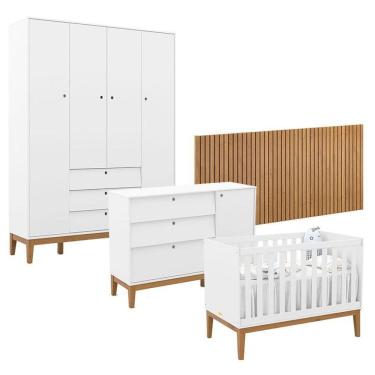 Imagem de Quarto de Bebê Unique com Guarda-Roupa 4 Portas 3 Gavetas em MDF 230.5cm Branco Soft Ec...