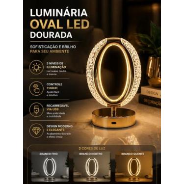 Imagem de Luminária Mesa LED Oval USB 3 Cores Dourada para Quarto Sala Escritóri